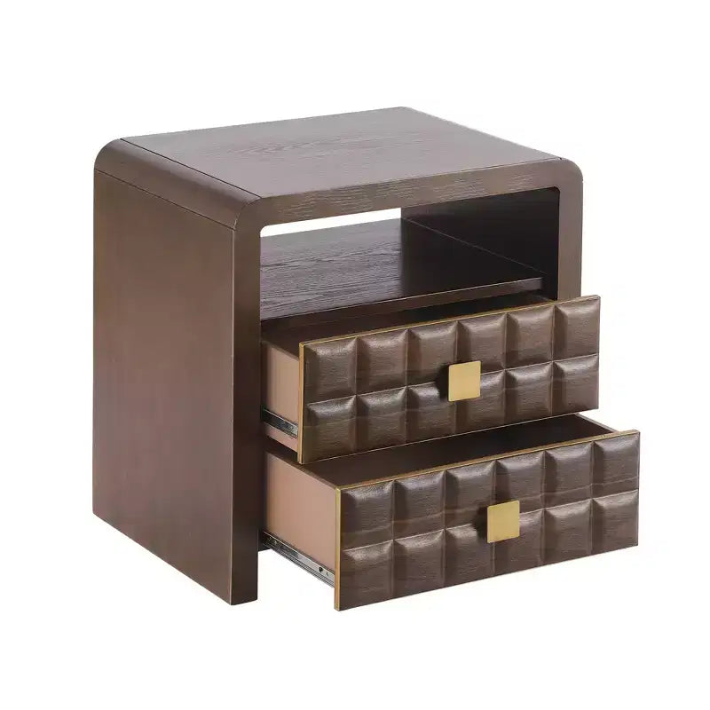 Comodino moderno curvo con 2 cassetti e ripiano aperto – Noce