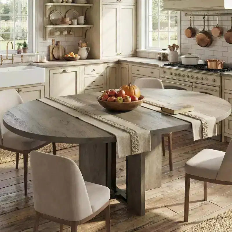 Tavolo da pranzo rotondo allungabile 120-160 cm, 4-8 posti, piano in legno con struttura in metallo