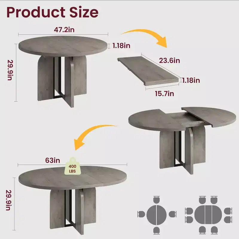 Tavolo da pranzo rotondo allungabile 120-160 cm, 4-8 posti, piano in legno con struttura in metallo