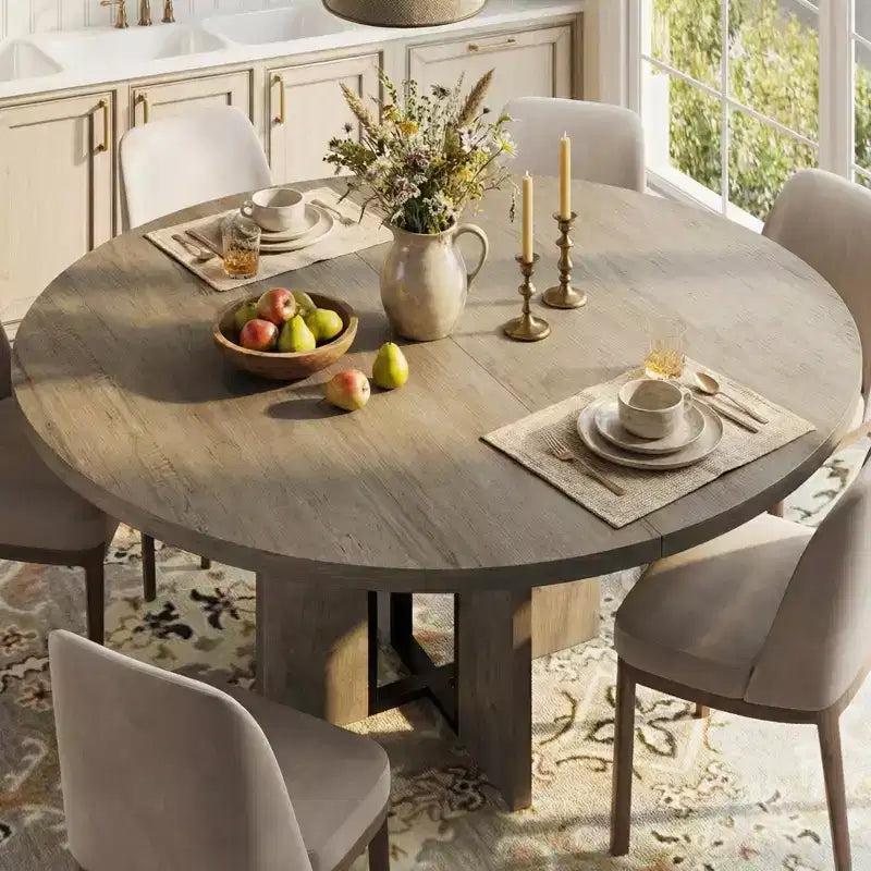 Tavolo da pranzo rotondo allungabile 120-160 cm, 4-8 posti, piano in legno con struttura in metallo