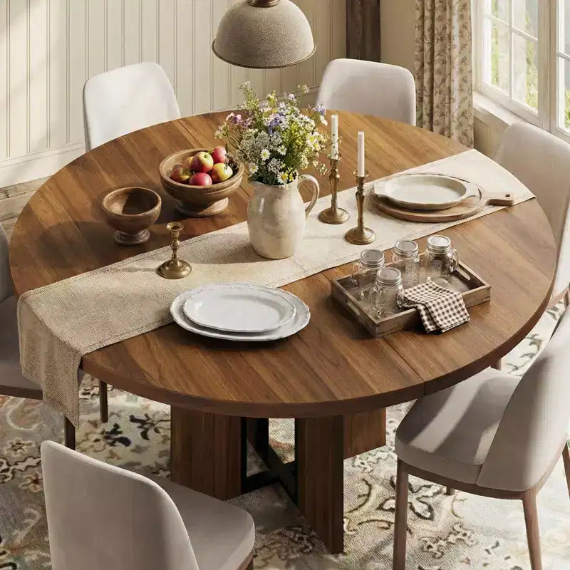 Tavolo da pranzo rotondo allungabile 120-160 cm, 4-8 posti, piano in legno con struttura in metallo