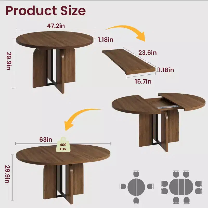 Tavolo da pranzo rotondo allungabile 120-160 cm, 4-8 posti, piano in legno con struttura in metallo