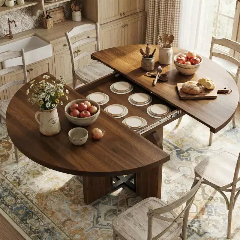 Tavolo da pranzo rotondo allungabile 120-160 cm, 4-8 posti, piano in legno con struttura in metallo