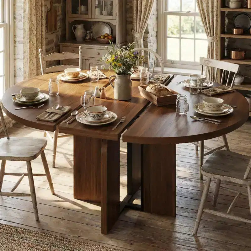 Tavolo da pranzo rotondo allungabile 120-160 cm, 4-8 posti, piano in legno con struttura in metallo
