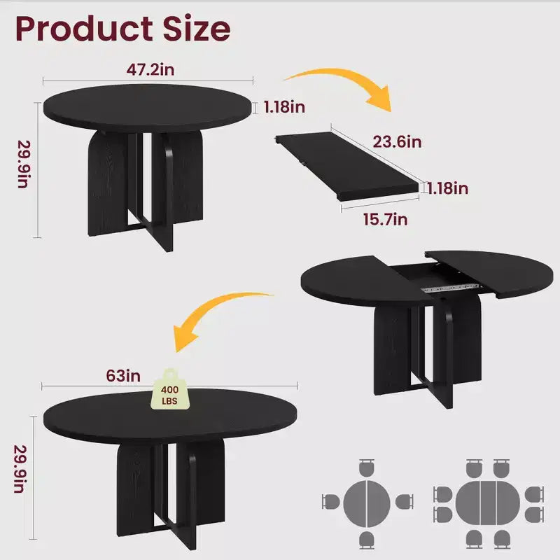 Tavolo da pranzo rotondo allungabile 120-160 cm, 4-8 posti, piano in legno con struttura in metallo