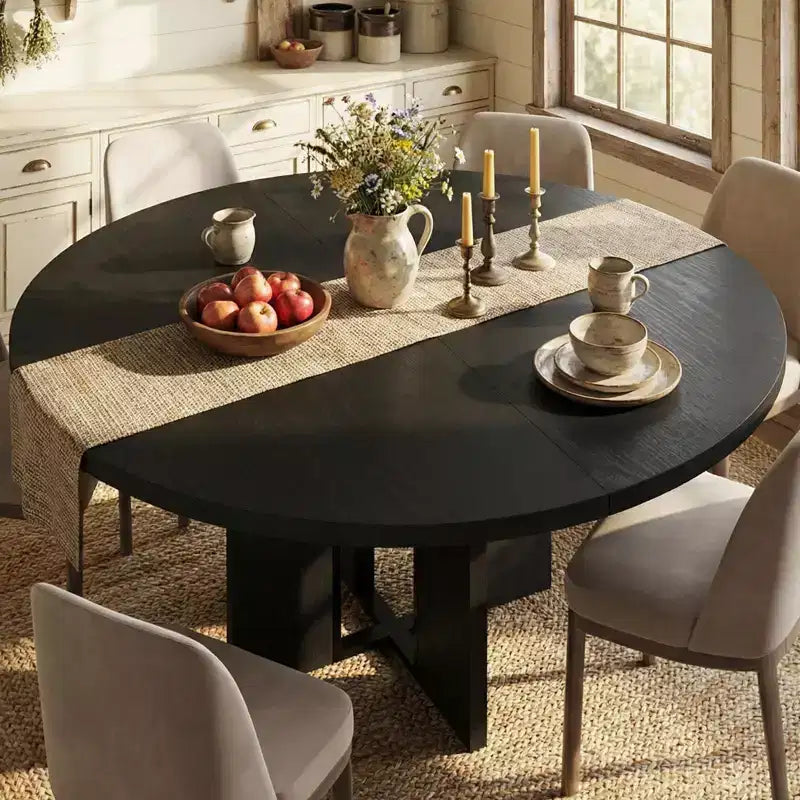 Tavolo da pranzo rotondo allungabile 120-160 cm, 4-8 posti, piano in legno con struttura in metallo