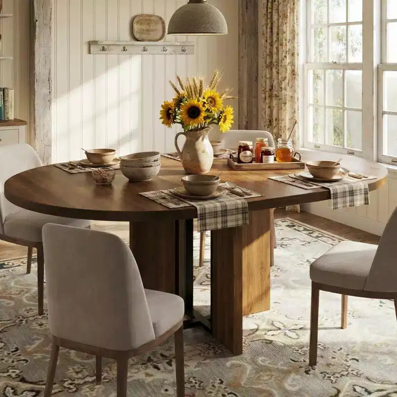 Tavolo da pranzo rotondo allungabile 120-160 cm, 4-8 posti, piano in legno con struttura in metallo