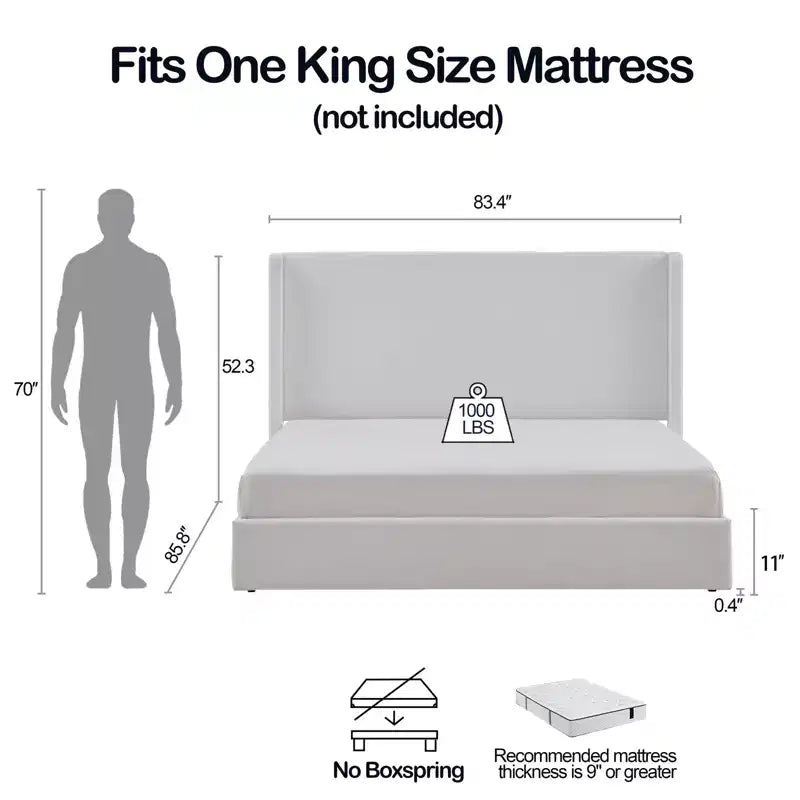 Letto a piattaforma moderno imbottito con testiera ad ali laterali