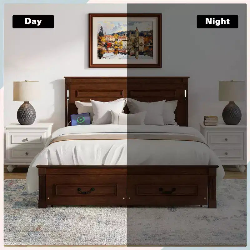 Struttura Letto Rustica con Testiera Alta a Pannelli, Cassetti Contenitore e Luci a LED (Queen/King)