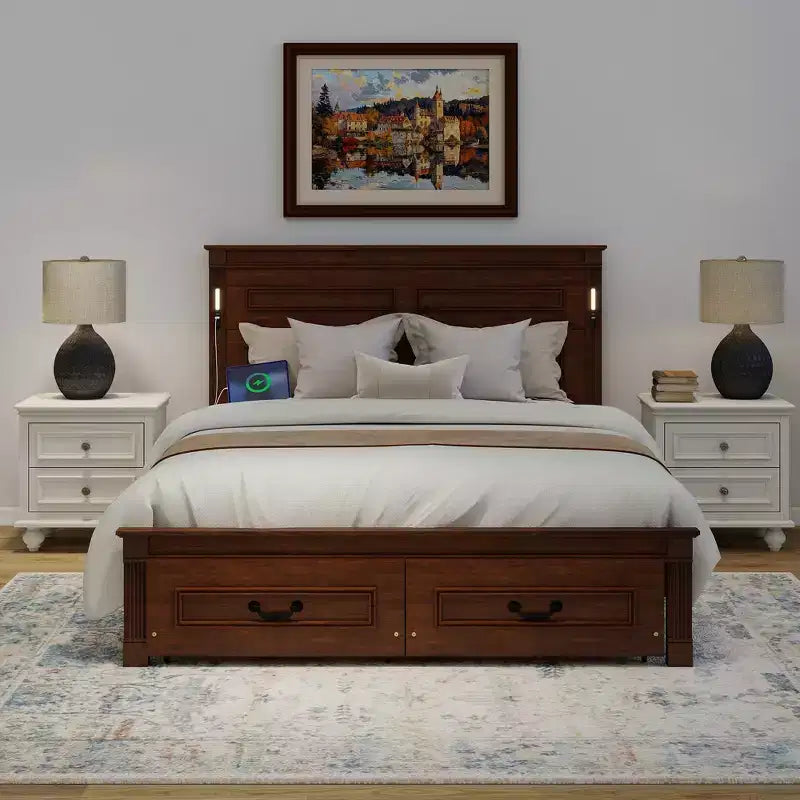 Struttura Letto Rustica con Testiera Alta a Pannelli, Cassetti Contenitore e Luci a LED (Queen/King)