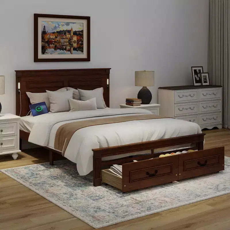 Struttura Letto Rustica con Testiera Alta a Pannelli, Cassetti Contenitore e Luci a LED (Queen/King)