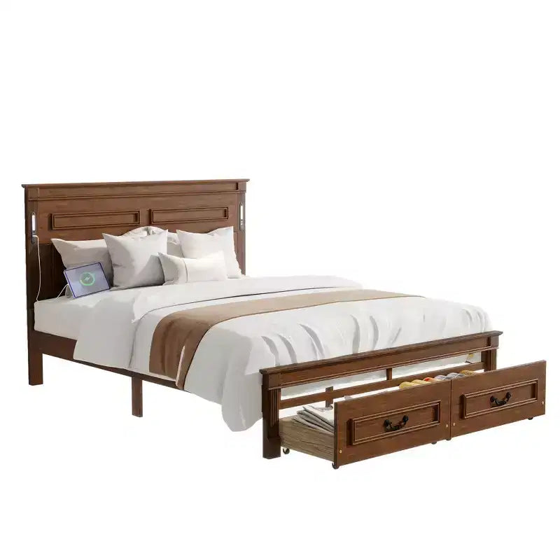 Struttura Letto Rustica con Testiera Alta a Pannelli, Cassetti Contenitore e Luci a LED (Queen/King)