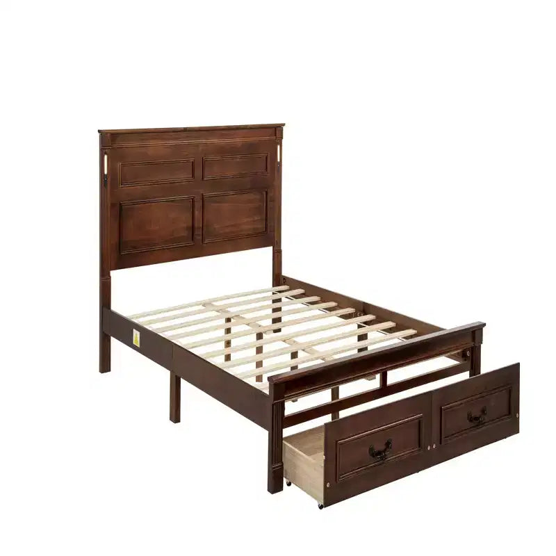 Struttura Letto Rustica con Testiera Alta a Pannelli, Cassetti Contenitore e Luci a LED (Queen/King)
