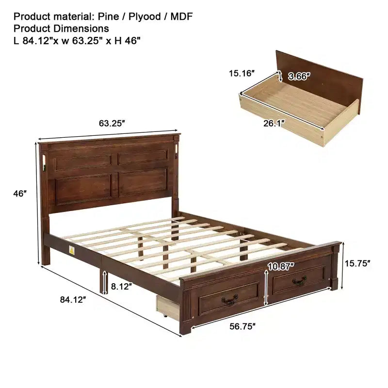Struttura Letto Rustica con Testiera Alta a Pannelli, Cassetti Contenitore e Luci a LED (Queen/King)