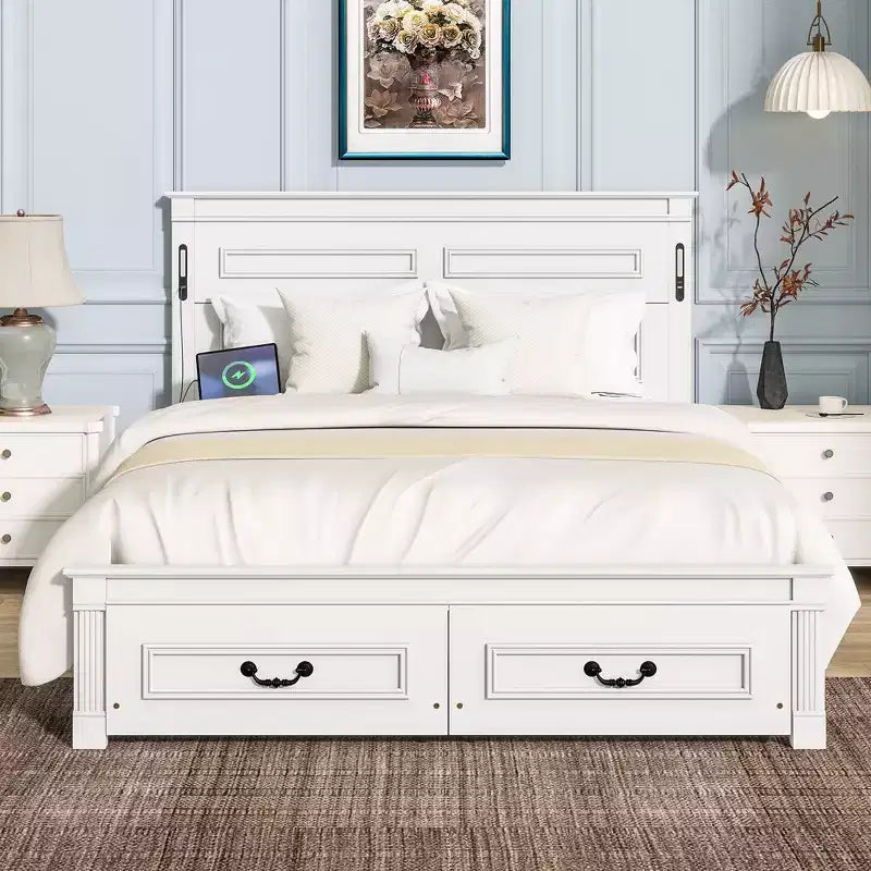 Struttura Letto Rustica con Testiera Alta a Pannelli, Cassetti Contenitore e Luci a LED (Queen/King)