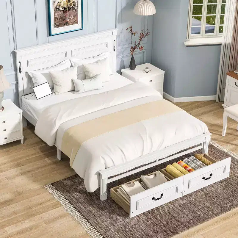 Struttura Letto Rustica con Testiera Alta a Pannelli, Cassetti Contenitore e Luci a LED (Queen/King)