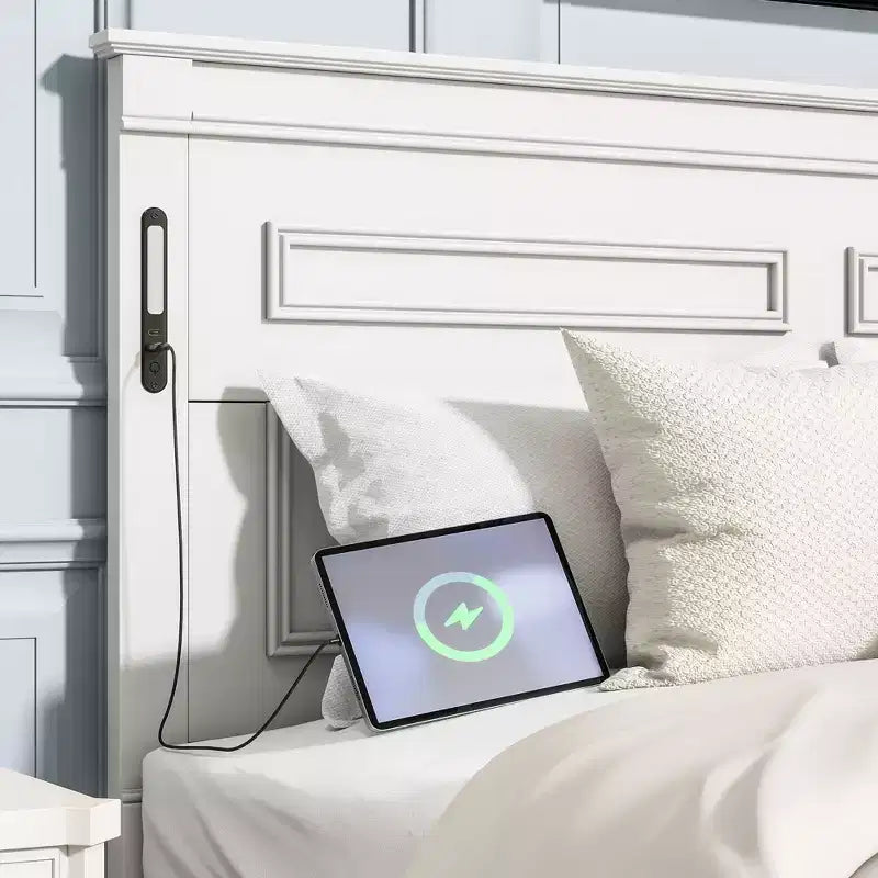 Struttura Letto Rustica con Testiera Alta a Pannelli, Cassetti Contenitore e Luci a LED (Queen/King)