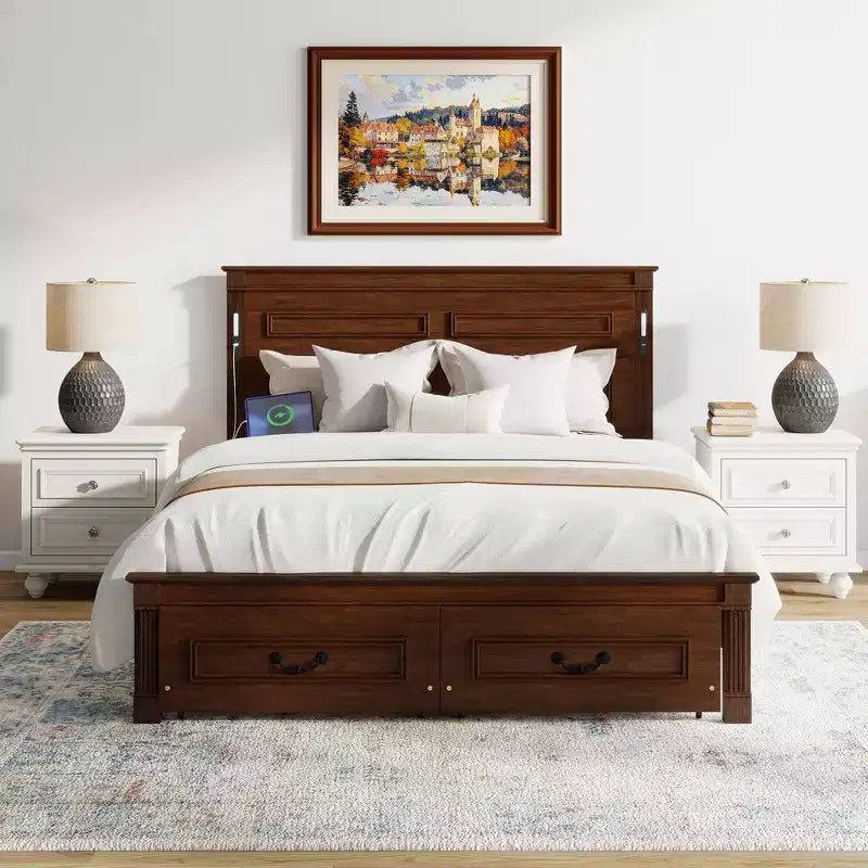 Struttura Letto Rustica con Testiera Alta a Pannelli, Cassetti Contenitore e Luci a LED (Queen/King)