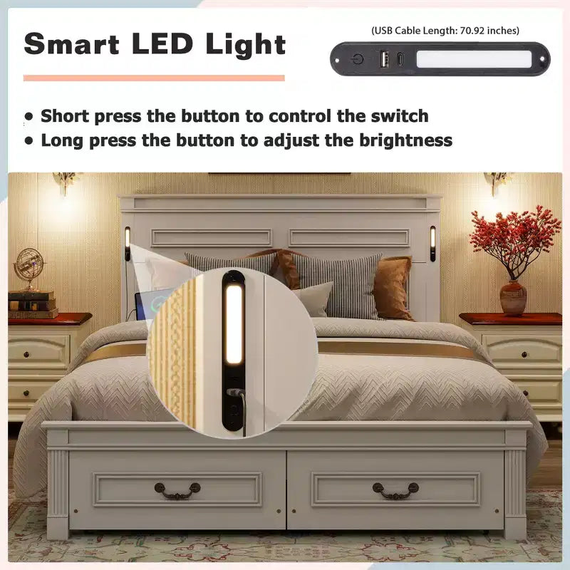 Struttura Letto Rustica con Testiera Alta a Pannelli, Cassetti Contenitore e Luci a LED (Queen/King)