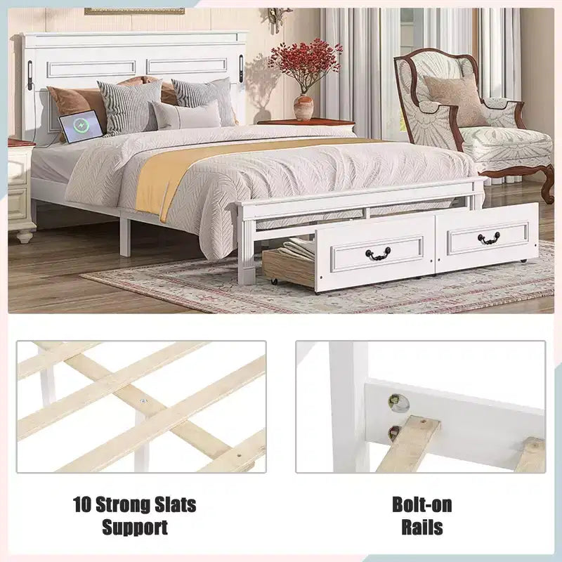 Struttura Letto Rustica con Testiera Alta a Pannelli, Cassetti Contenitore e Luci a LED (Queen/King)