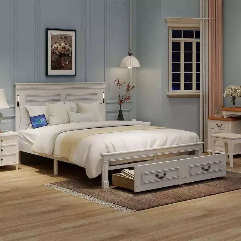 Struttura Letto Rustica con Testiera Alta a Pannelli, Cassetti Contenitore e Luci a LED (Queen/King)