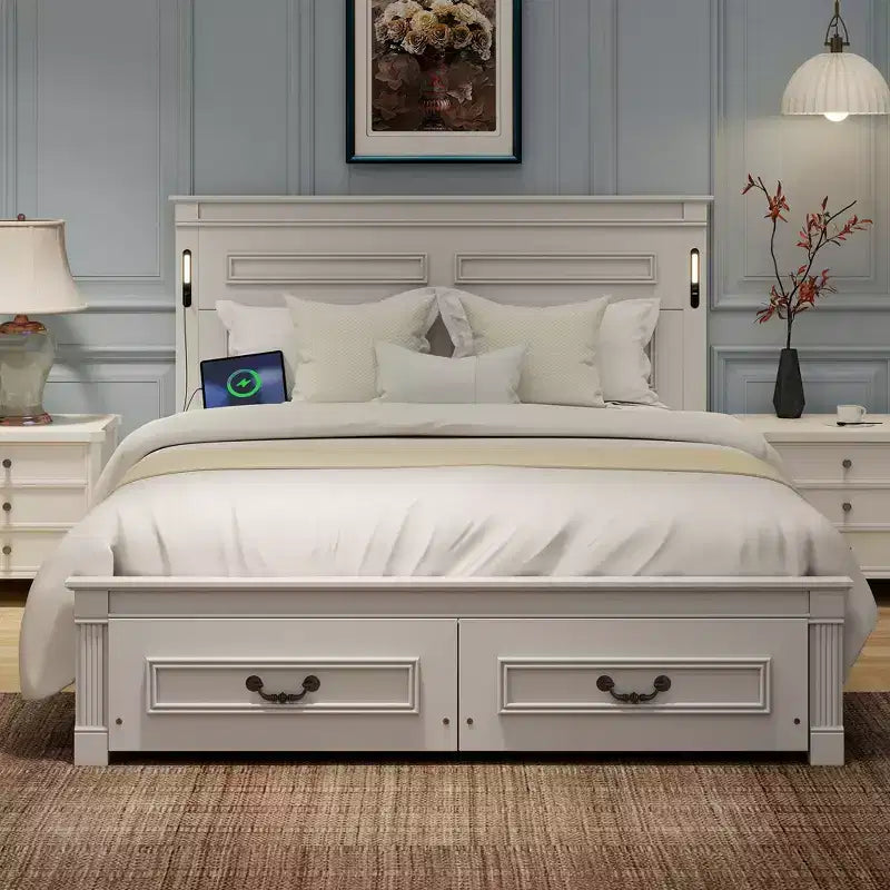 Struttura Letto Rustica con Testiera Alta a Pannelli, Cassetti Contenitore e Luci a LED (Queen/King)