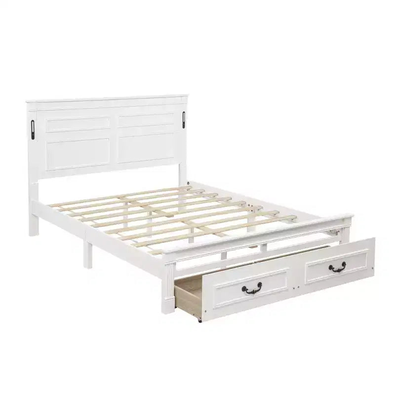 Struttura Letto Rustica con Testiera Alta a Pannelli, Cassetti Contenitore e Luci a LED (Queen/King)