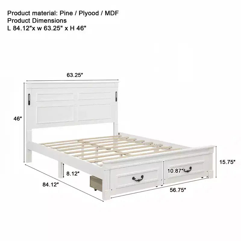 Struttura Letto Rustica con Testiera Alta a Pannelli, Cassetti Contenitore e Luci a LED (Queen/King)
