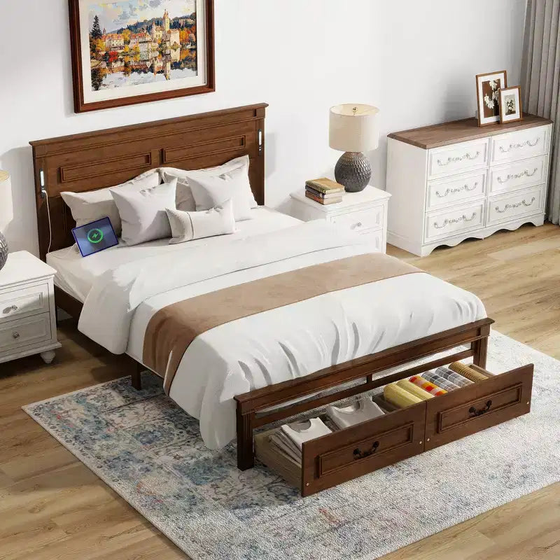 Struttura Letto Rustica con Testiera Alta a Pannelli, Cassetti Contenitore e Luci a LED (Queen/King)