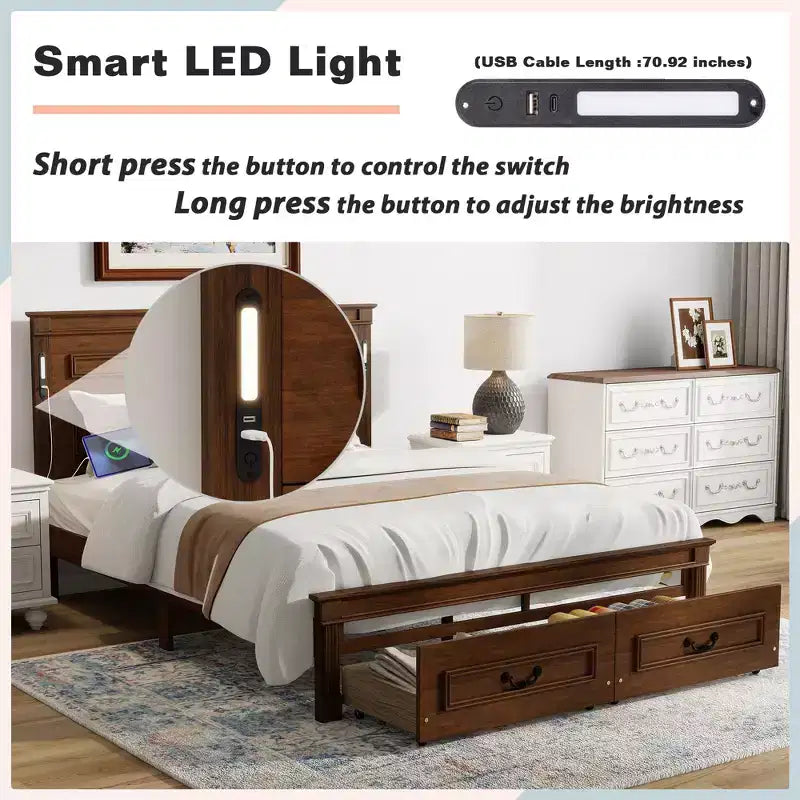 Struttura Letto Rustica con Testiera Alta a Pannelli, Cassetti Contenitore e Luci a LED (Queen/King)