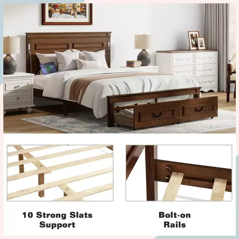 Struttura Letto Rustica con Testiera Alta a Pannelli, Cassetti Contenitore e Luci a LED (Queen/King)