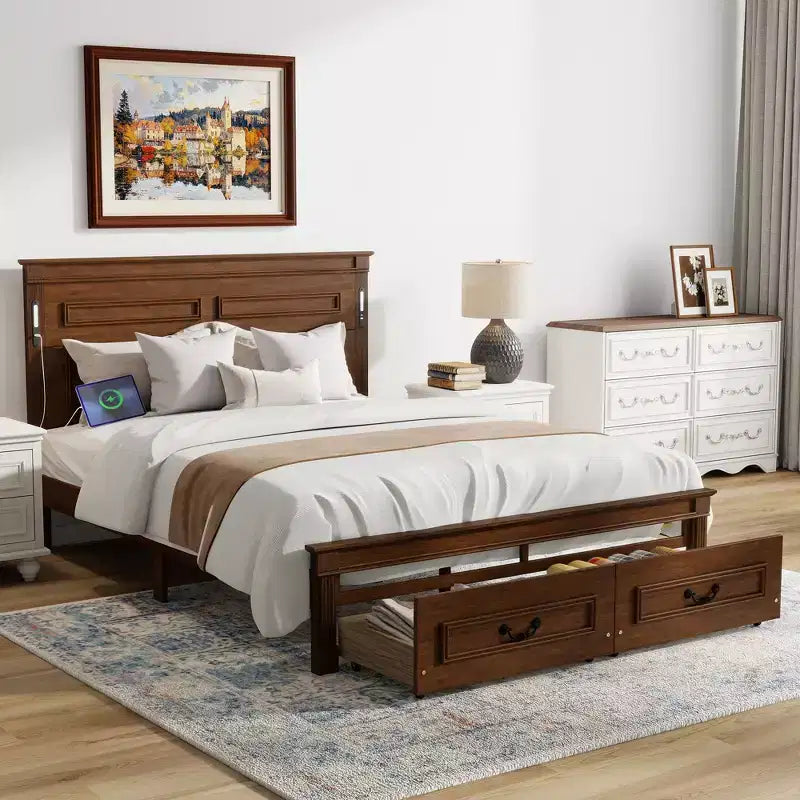 Clihome Farmhouse Bed Frame with Tall Panel Headboard, Storage Drawers & LED Lights (Queen/King)