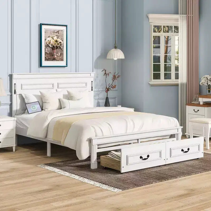 Struttura Letto Rustica con Testiera Alta a Pannelli, Cassetti Contenitore e Luci a LED (Queen/King)