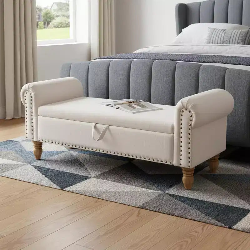 Panca contenitore imbottita in lino beige e marrone da 55" con piano ribaltabile