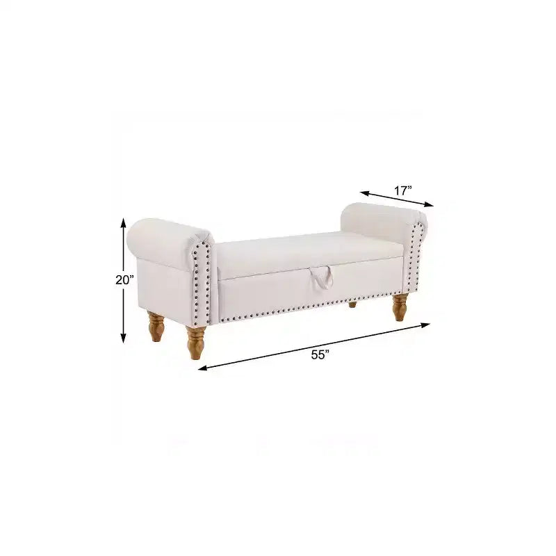 Panca contenitore imbottita in lino beige e marrone da 55" con piano ribaltabile