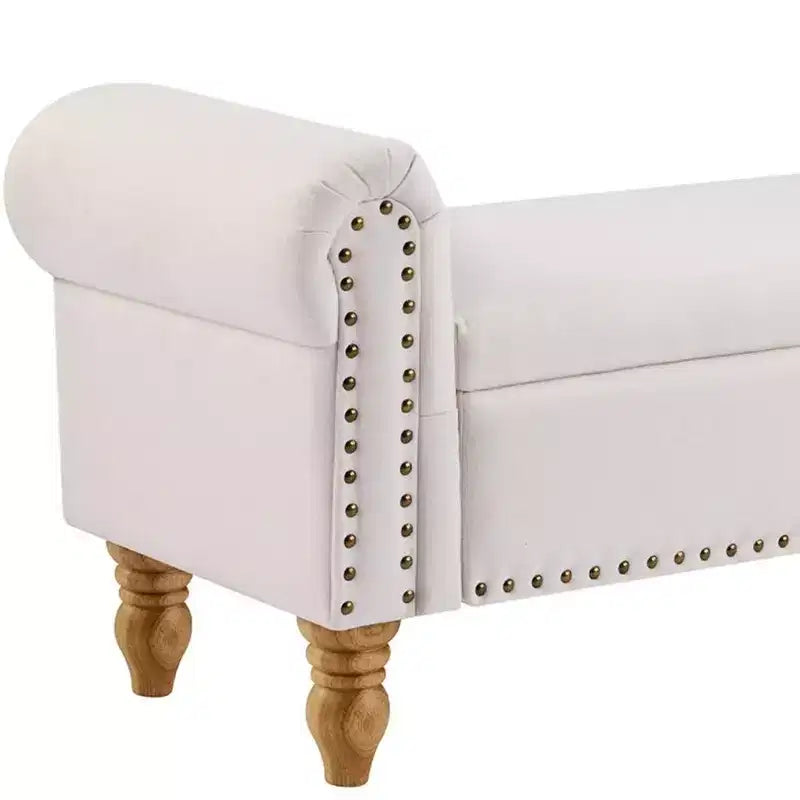 Panca contenitore imbottita in lino beige e marrone da 55" con piano ribaltabile