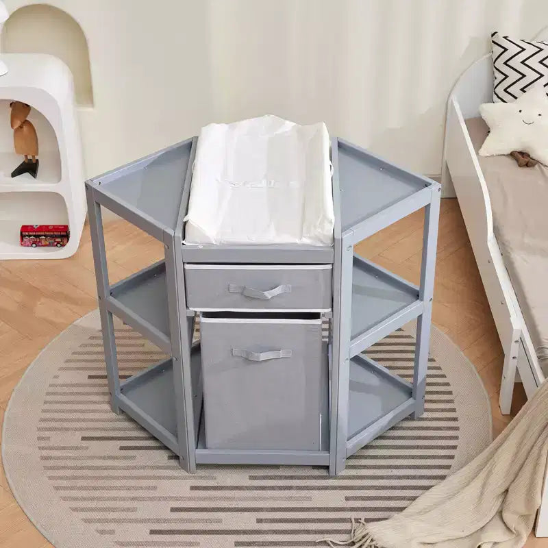 Fasciatoio ad angolo con cassetto portaoggetti, cesto portabiancheria e fasciatoio, grigio