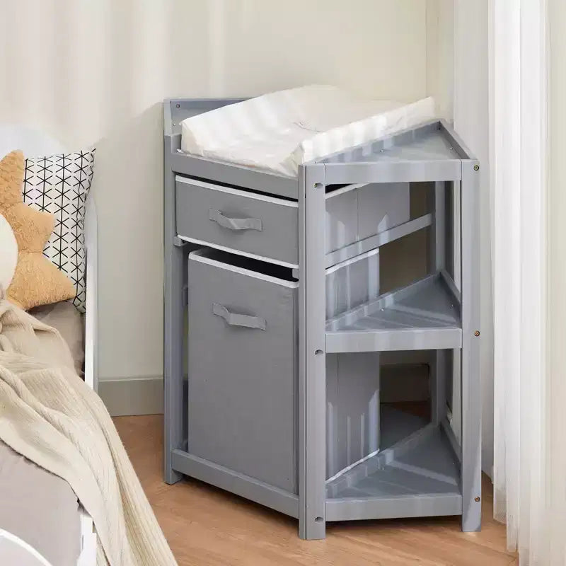 Fasciatoio ad angolo con cassetto portaoggetti, cesto portabiancheria e fasciatoio, grigio