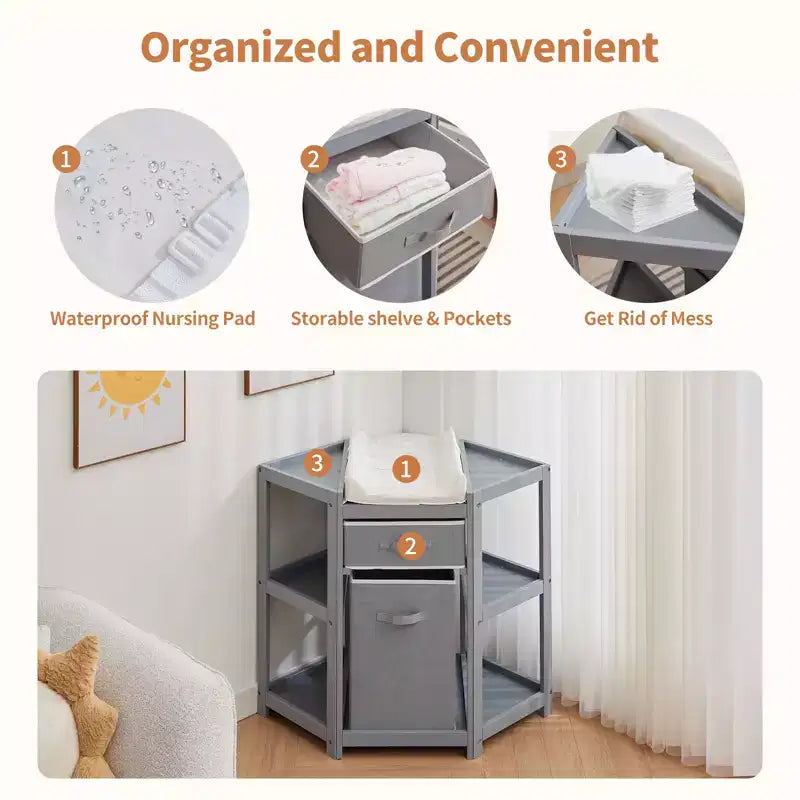 Fasciatoio ad angolo con cassetto portaoggetti, cesto portabiancheria e fasciatoio, grigio