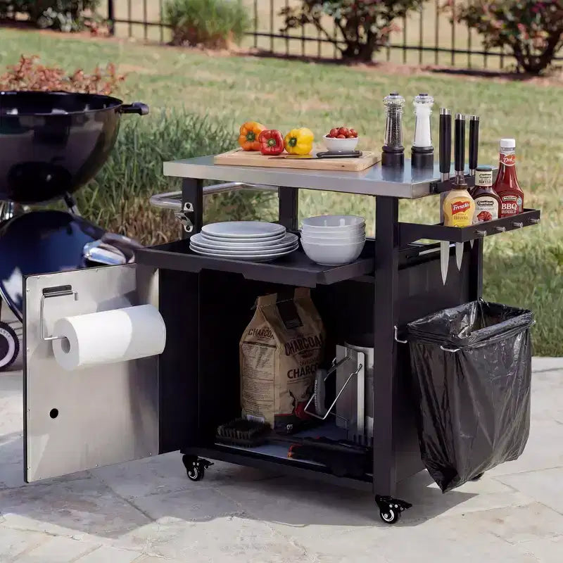 Carrello per grill da esterno da 90 cm con armadietto, tavolo da barbecue con piano in acciaio inox e ruote, porta spezie e carta, copertura impermeabile inclusa