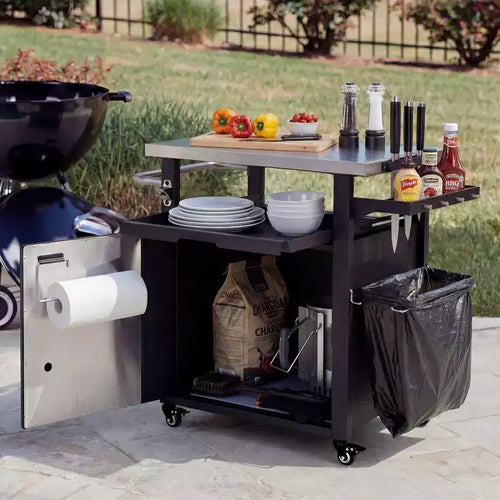 Carrello per grill da esterno da 90 cm con armadietto, tavolo da barbecue con piano in acciaio inox e ruote, porta spezie e carta, copertura impermeabile inclusa
