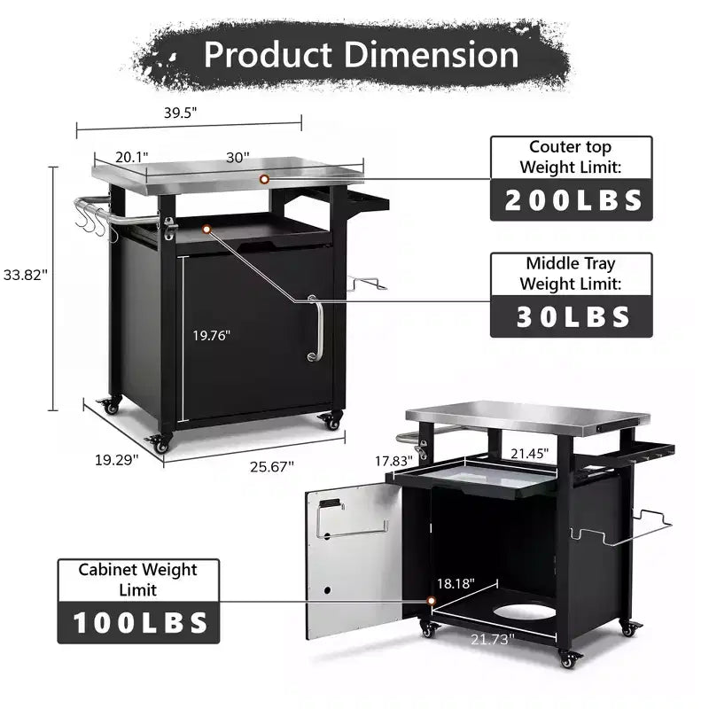 Carrello per grill da esterno da 90 cm con armadietto, tavolo da barbecue con piano in acciaio inox e ruote, porta spezie e carta, copertura impermeabile inclusa