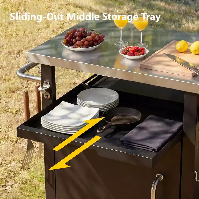 Carrello per grill da esterno da 90 cm con armadietto, tavolo da barbecue con piano in acciaio inox e ruote, porta spezie e carta, copertura impermeabile inclusa