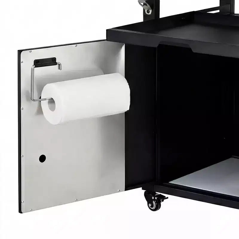 Carrello per grill da esterno da 90 cm con armadietto, tavolo da barbecue con piano in acciaio inox e ruote, porta spezie e carta, copertura impermeabile inclusa