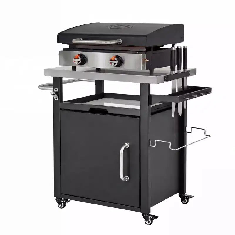 Carrello per grill da esterno da 90 cm con armadietto, tavolo da barbecue con piano in acciaio inox e ruote, porta spezie e carta, copertura impermeabile inclusa