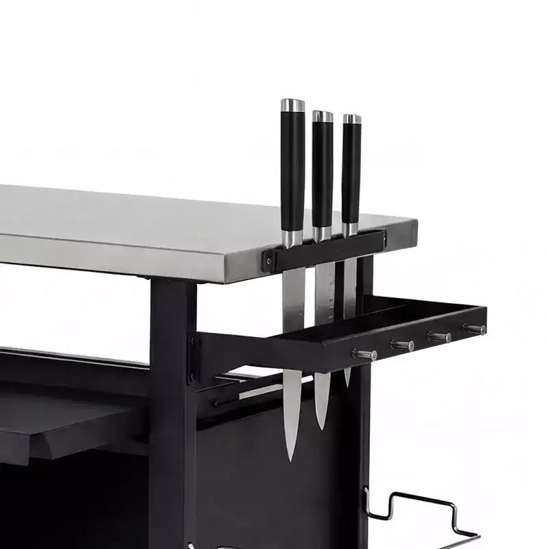 Carrello per grill da esterno da 90 cm con armadietto, tavolo da barbecue con piano in acciaio inox e ruote, porta spezie e carta, copertura impermeabile inclusa