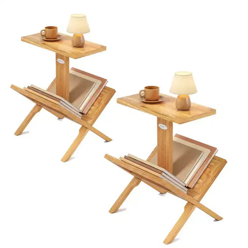 Costway 2PCS 2-Tier Bookshelf Small Bookcase w/ Teak Wood Frame & Anti-Slip Foot Mats