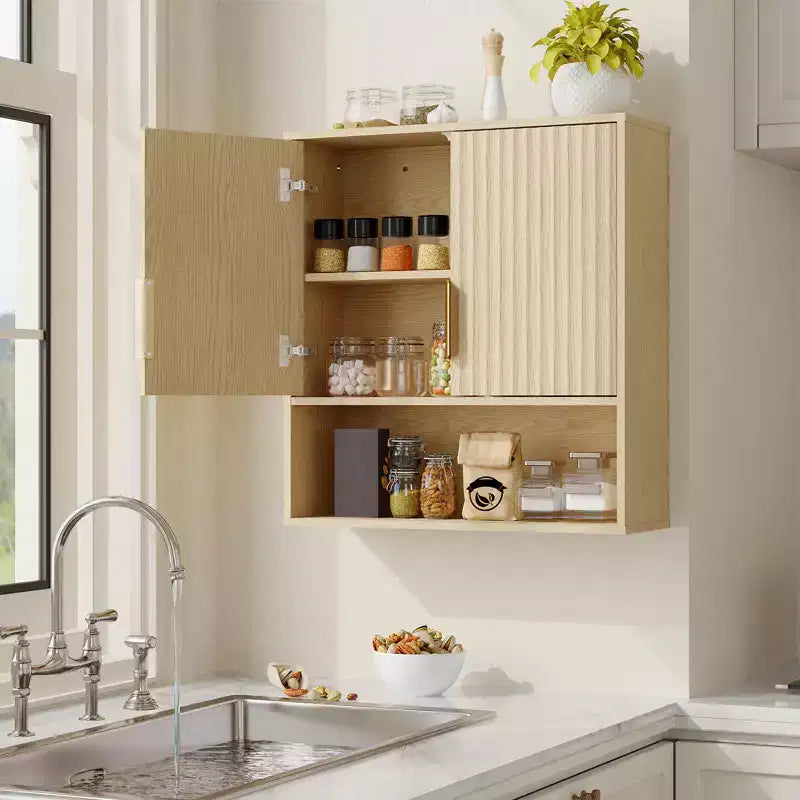 Pensile da parete in stile rustico con ripiani regolabili e cassetto – 63,5 x 60 x 23 cm