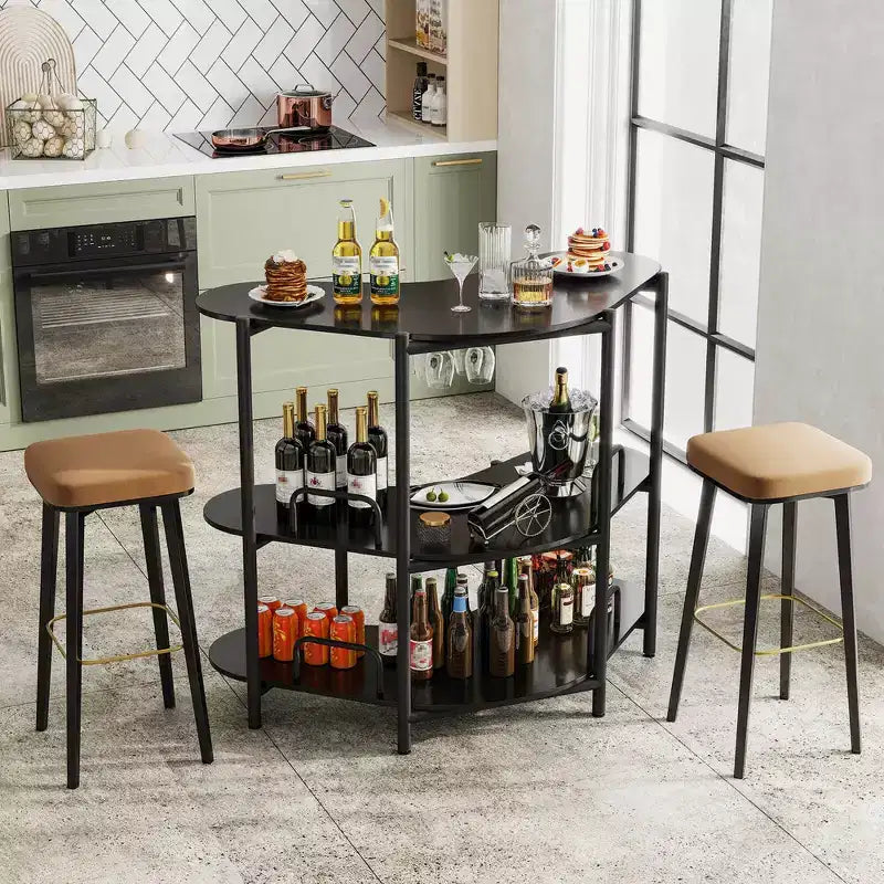 Mobile bar a 3 ripiani con portabicchieri e mensole, struttura in metallo