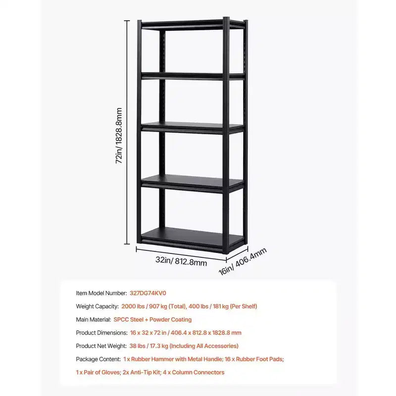 Scaffale portaoggetti in metallo a 5 ripiani, 40,6 cm P x 81,3 cm L x 182,9 cm H